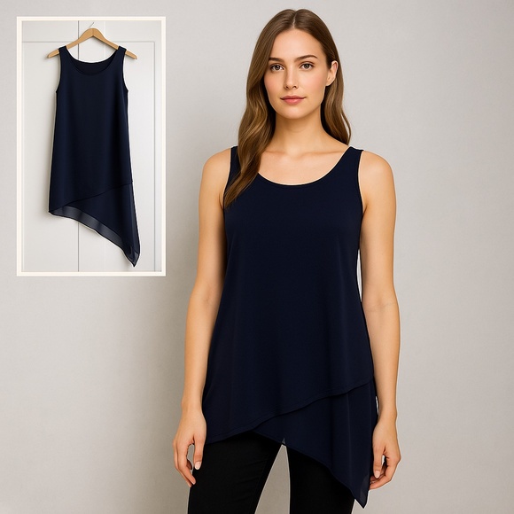 SAKS FIFTH AVENUE Flowy Asymmetrical Tulip Hem Sleeveless Dark Blue Tunic Top M - Picture 1 of 16